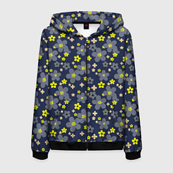 Толстовка 3D на молнии мужская Лимонного цвета цветы на серо-синем фоне, цвет: 3D-черный