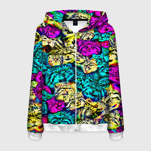 Мужская толстовка на молнии Психоделические манулы / 3D-Белый – фото 1