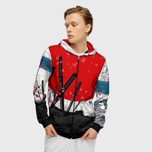 Мужская толстовка на молнии Солнце, волны и катаны / 3D-Черный – фото 3