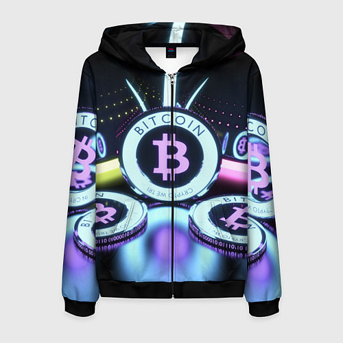 Мужская толстовка на молнии Неоновый светящийся биткоин / 3D-Черный – фото 1