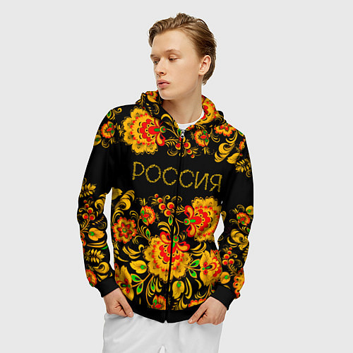 Мужская толстовка на молнии РОССИЯ роспись хохлома / 3D-Черный – фото 3