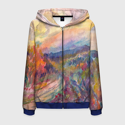 Мужская толстовка на молнии Осенний пейзаж акварель / 3D-Синий – фото 1