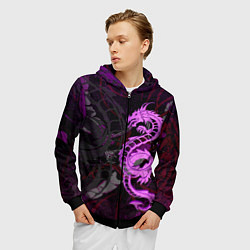 Толстовка 3D на молнии мужская Неоновый дракон purple dragon, цвет: 3D-черный — фото 2