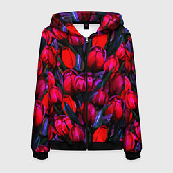Толстовка 3D на молнии мужская Тюльпаны - поле красных цветов, цвет: 3D-черный
