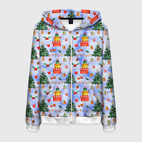 Мужская толстовка на молнии Новый год - елки и подарки / 3D-Белый – фото 1