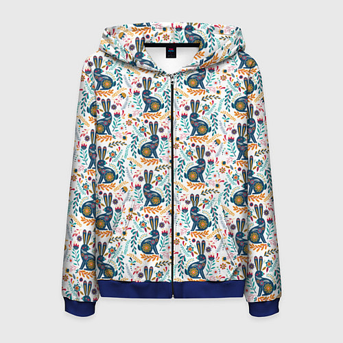 Мужская толстовка на молнии Новогодний паттерн - Кролики и веточки / 3D-Синий – фото 1