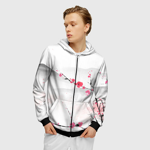 Мужская толстовка на молнии Японский пейзаж, начало весны / 3D-Черный – фото 3