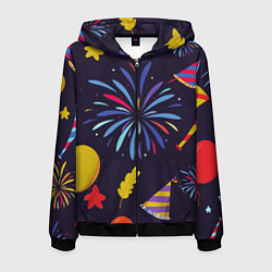 Толстовка 3D на молнии мужская Новогодний фейерверк, цвет: 3D-черный