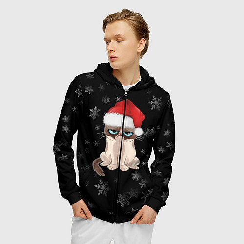 Мужская толстовка на молнии Грустный кот новый год / 3D-Черный – фото 3