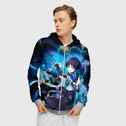 Мужская толстовка на молнии Странник: Genshin impact / 3D-Меланж – фото 3