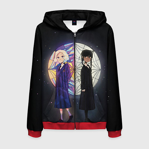 Мужская толстовка на молнии Энид и Уэнсдэй на фоне окна / 3D-Красный – фото 1