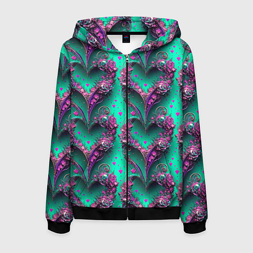 Мужская толстовка на молнии Паттерн сердца из цветов / 3D-Черный – фото 1