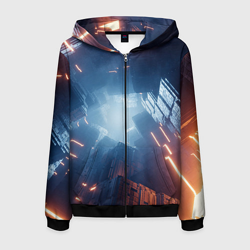 Мужская толстовка на молнии Множество неоновых блоков во тьме и туман / 3D-Черный – фото 1