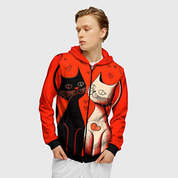 Толстовка 3D на молнии мужская Влюблённые кошки на красном фоне, цвет: 3D-черный — фото 2