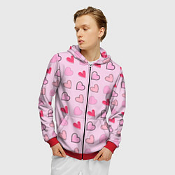 Толстовка 3D на молнии мужская Валентинки на нежно-розовом фоне, цвет: 3D-красный — фото 2