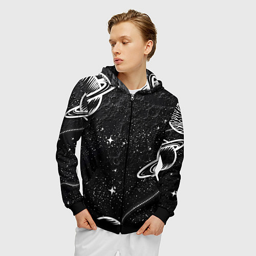 Мужская толстовка на молнии Черно-белый Сатурн / 3D-Черный – фото 3