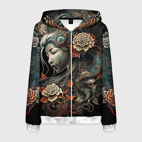 Мужская толстовка на молнии Японская девушка Irezumi / 3D-Белый – фото 1