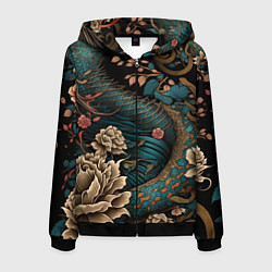 Толстовка 3D на молнии мужская Японский змей Irezumi, цвет: 3D-черный
