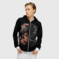 Толстовка 3D на молнии мужская Самурай и тигр, цвет: 3D-белый — фото 2