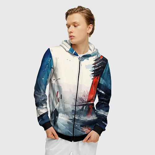 Мужская толстовка на молнии Наш город - коллекция Бело-сине-красный - Хуф и Ся / 3D-Черный – фото 3