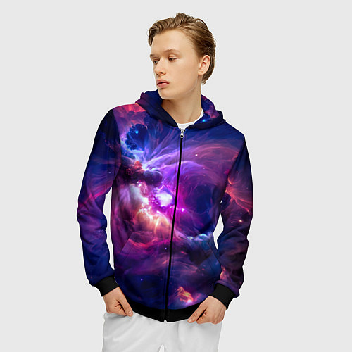 Мужская толстовка на молнии Небула в космосе в фиолетовых тонах - нейронная се / 3D-Черный – фото 3