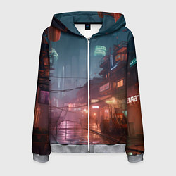 Толстовка 3D на молнии мужская Киберпанк город будущего, цвет: 3D-меланж
