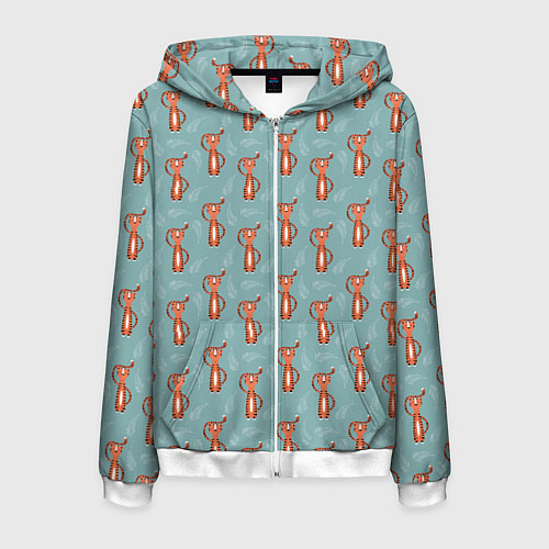 Мужская толстовка на молнии Тигр на голубом фоне / 3D-Белый – фото 1