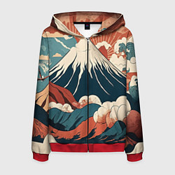 Толстовка 3D на молнии мужская Ретро Фудзияма, цвет: 3D-красный