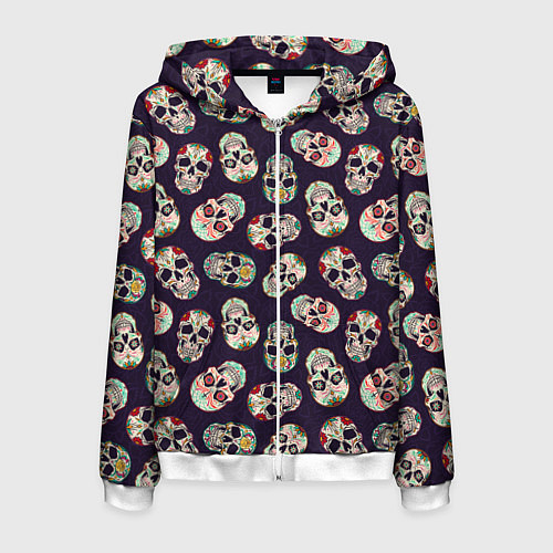 Мужская толстовка на молнии Узор с черепами Pattern with skulls / 3D-Белый – фото 1