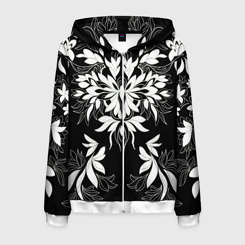 Мужская толстовка на молнии Цветы орнамент чб / 3D-Белый – фото 1