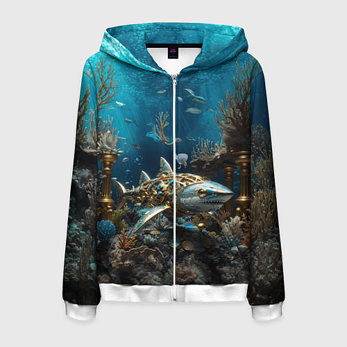Мужская толстовка на молнии Механическая акула / 3D-Белый – фото 1
