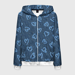 Толстовка 3D на молнии мужская Hearts on denim, цвет: 3D-белый