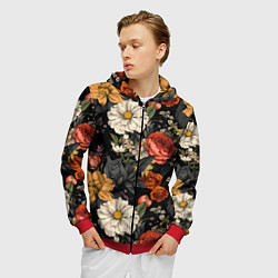 Толстовка 3D на молнии мужская Цветочный паттерн на черном, цвет: 3D-красный — фото 2