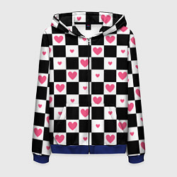 Толстовка 3D на молнии мужская Розовые сердечки на фоне шахматной черно-белой дос, цвет: 3D-синий
