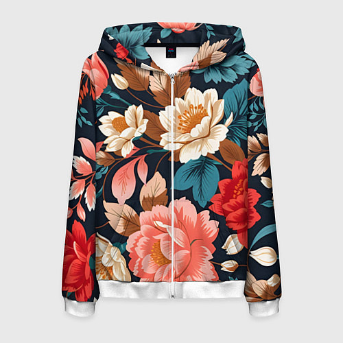Мужская толстовка на молнии Летние цветы - паттерн / 3D-Белый – фото 1