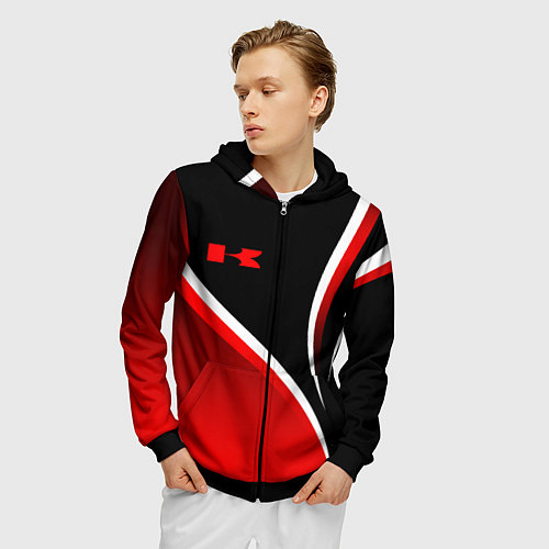 Мужская толстовка на молнии Кавасаки - красные волны / 3D-Черный – фото 3