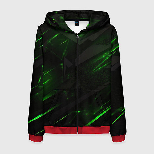 Мужская толстовка на молнии Dark black green abstract / 3D-Красный – фото 1