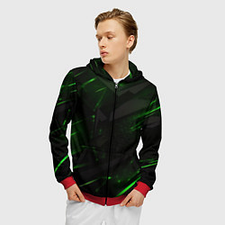 Толстовка 3D на молнии мужская Dark black green abstract, цвет: 3D-красный — фото 2