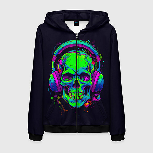 Мужская толстовка на молнии Череп в наушниках ярко кислотный / 3D-Черный – фото 1