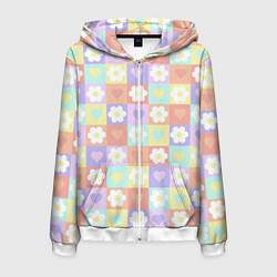 Мужская толстовка на молнии Сердечки и цветочки в пастельных квадратах