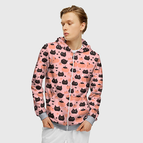 Мужская толстовка на молнии Чёрные коты с тыквами на хэллоуин / 3D-Меланж – фото 3