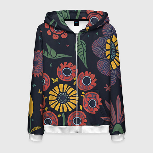 Мужская толстовка на молнии Простые цветы на глубоком синем / 3D-Белый – фото 1