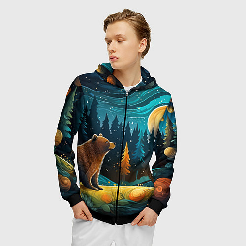 Мужская толстовка на молнии Хозяин тайги: медведь в лесу / 3D-Черный – фото 3