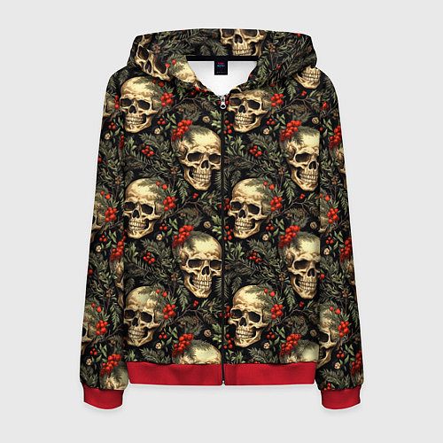 Мужская толстовка на молнии Череп рябина шишки и хвойные ветки / 3D-Красный – фото 1