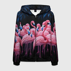 Толстовка 3D на молнии мужская Стая розовых фламинго в темноте, цвет: 3D-черный