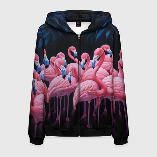 Мужская толстовка на молнии Стая розовых фламинго в темноте / 3D-Черный – фото 1