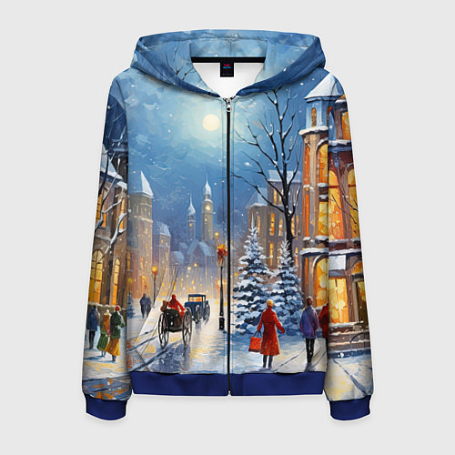 Мужская толстовка на молнии Новогодний городской пейзаж / 3D-Синий – фото 1