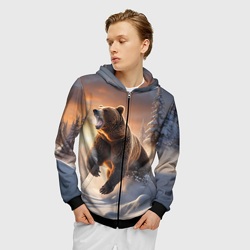 Мужская толстовка на молнии Бурый медведь в лесу / 3D-Черный – фото 3