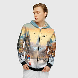 Толстовка 3D на молнии мужская Новогодний городок, цвет: 3D-черный — фото 2