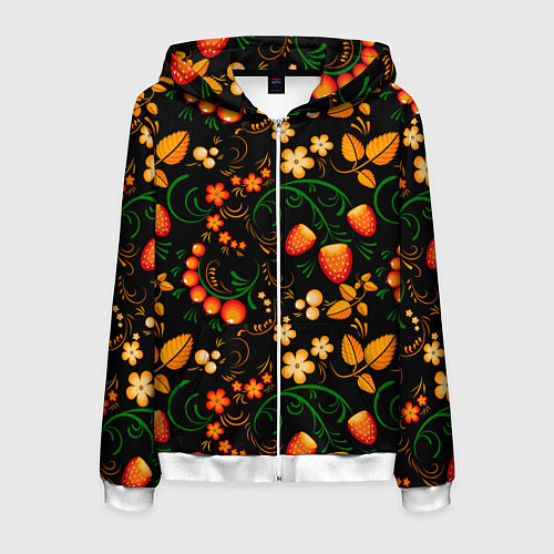 Мужская толстовка на молнии Хохлома - цветы и ягоды / 3D-Белый – фото 1